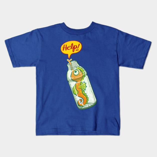 Worried seahorse trapped in a plastic bottle asking for help Kids T-Shirt by zooco